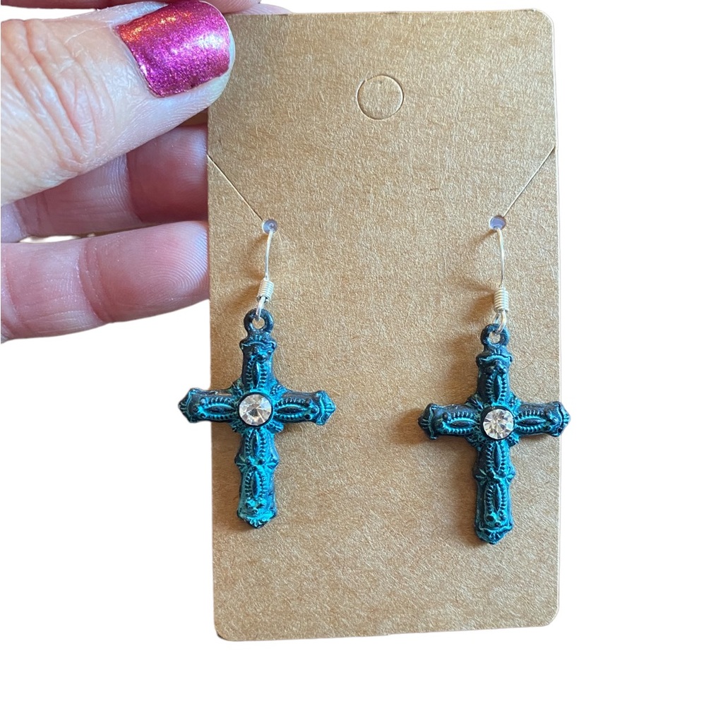 Antiqued Turquoise Cross Earrings